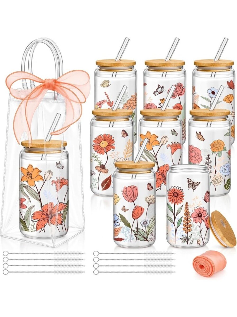 Vintage Flower Glass Cups with Lids & Straws - 8 Sets, 16 Oz Drinkware